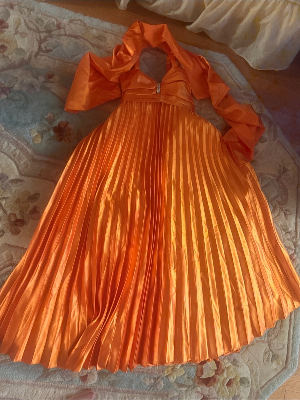 Girls Orange Satin Pleated Party Dress with Shawl